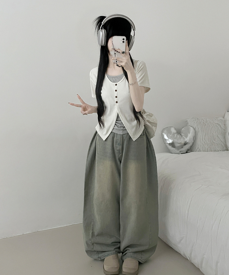 ボタンレイヤードサイドシャーリング半袖Tシャツ IVORY