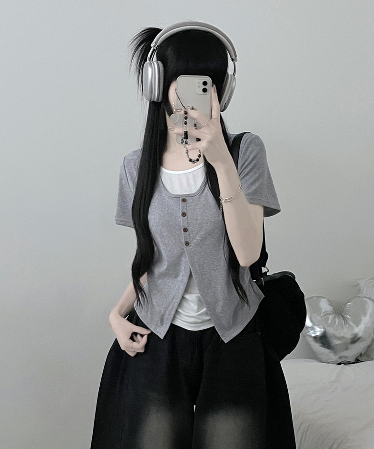 ボタンレイヤードサイドシャーリング半袖Tシャツ GREY