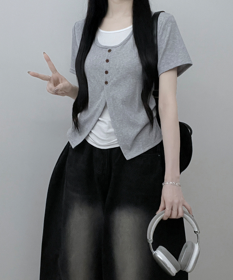 ボタンレイヤードサイドシャーリング半袖Tシャツ GREY