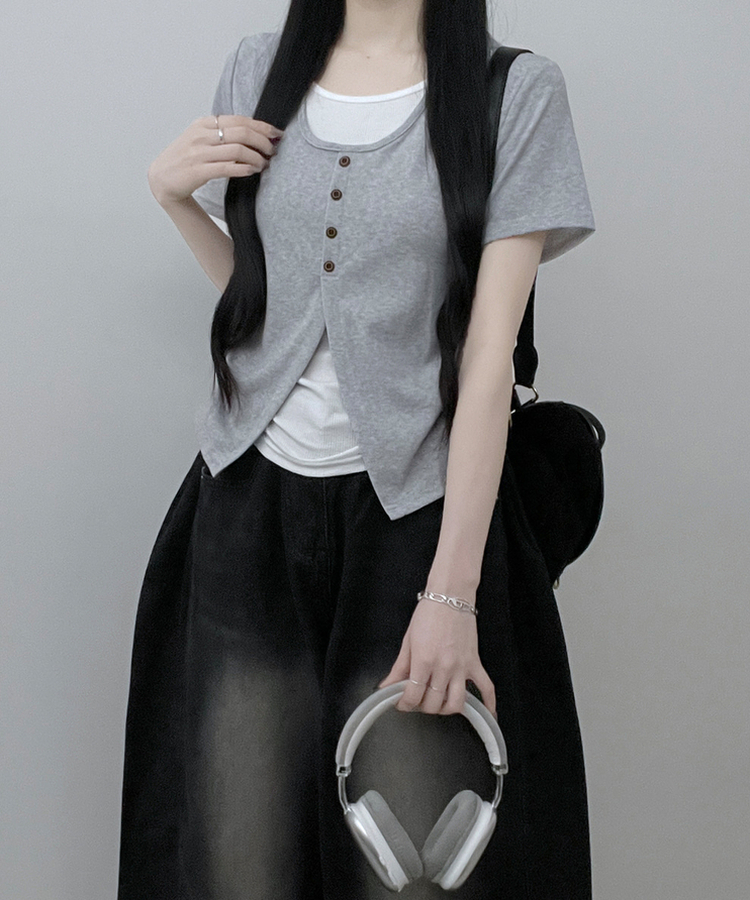 ボタンレイヤードサイドシャーリング半袖Tシャツ GREY