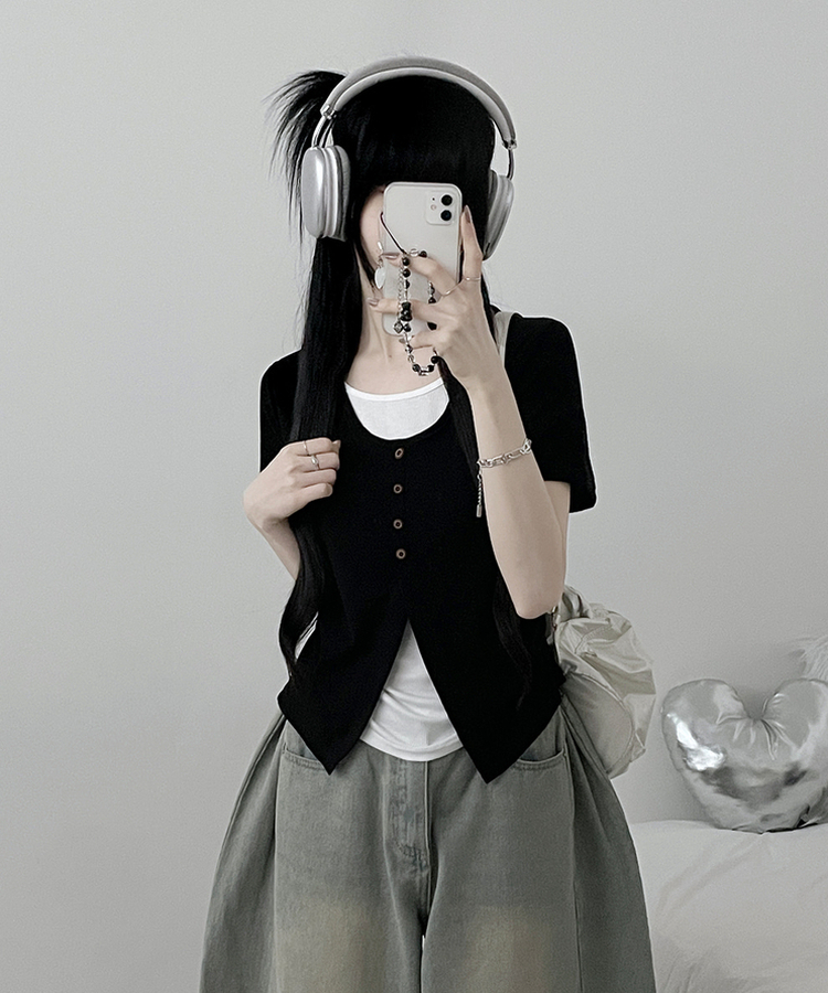ボタンレイヤードサイドシャーリング半袖Tシャツ BLACK