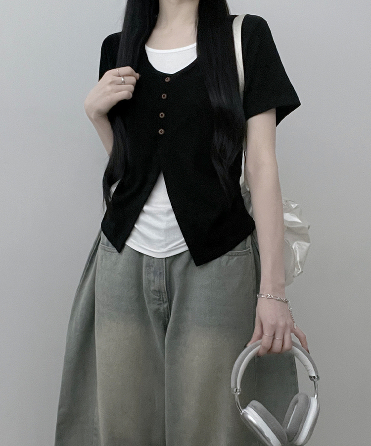 ボタンレイヤードサイドシャーリング半袖Tシャツ BLACK