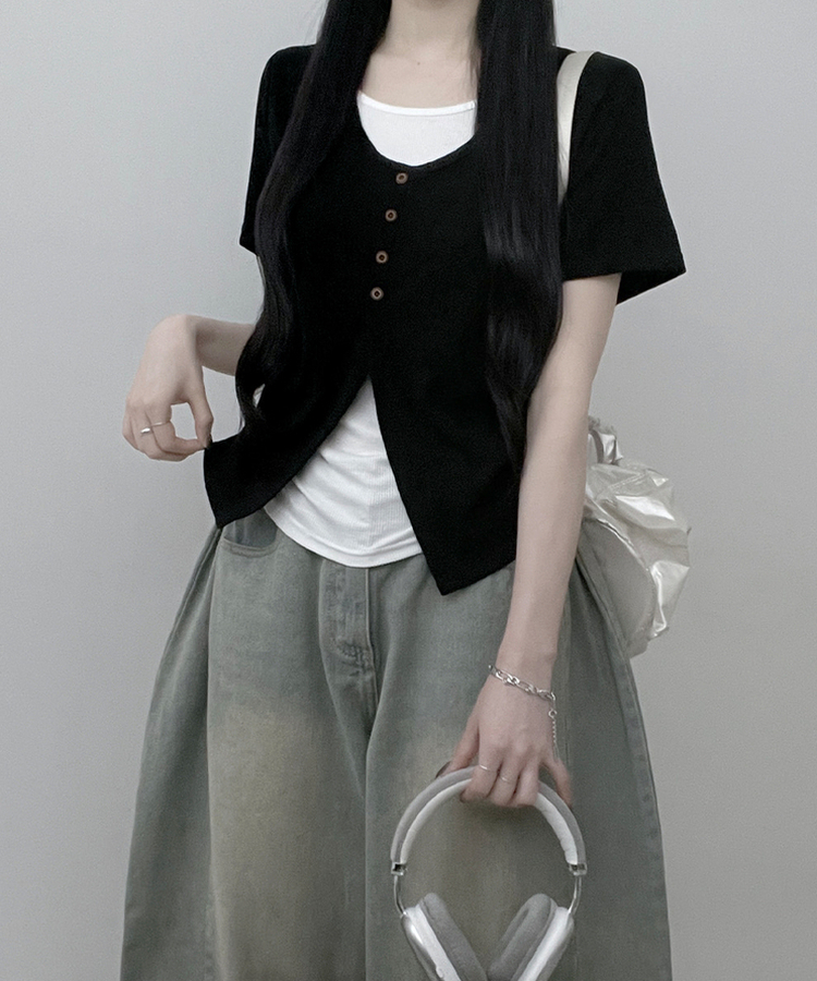 ボタンレイヤードサイドシャーリング半袖Tシャツ BLACK