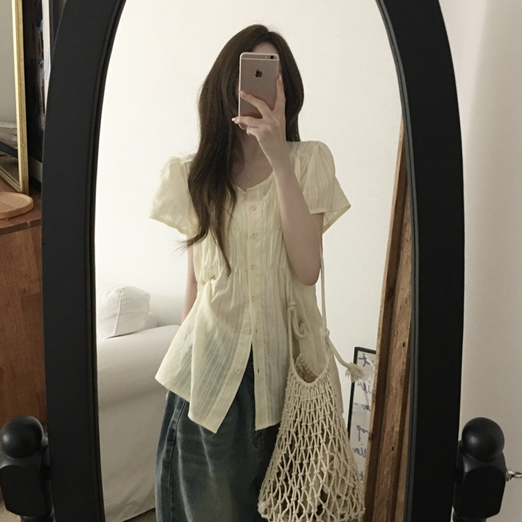 シャーリングシアーボタンブラウス CREAM