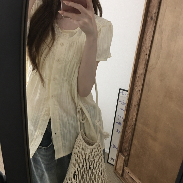 シャーリングシアーボタンブラウス CREAM