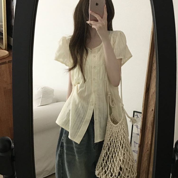 シャーリングシアーボタンブラウス CREAM
