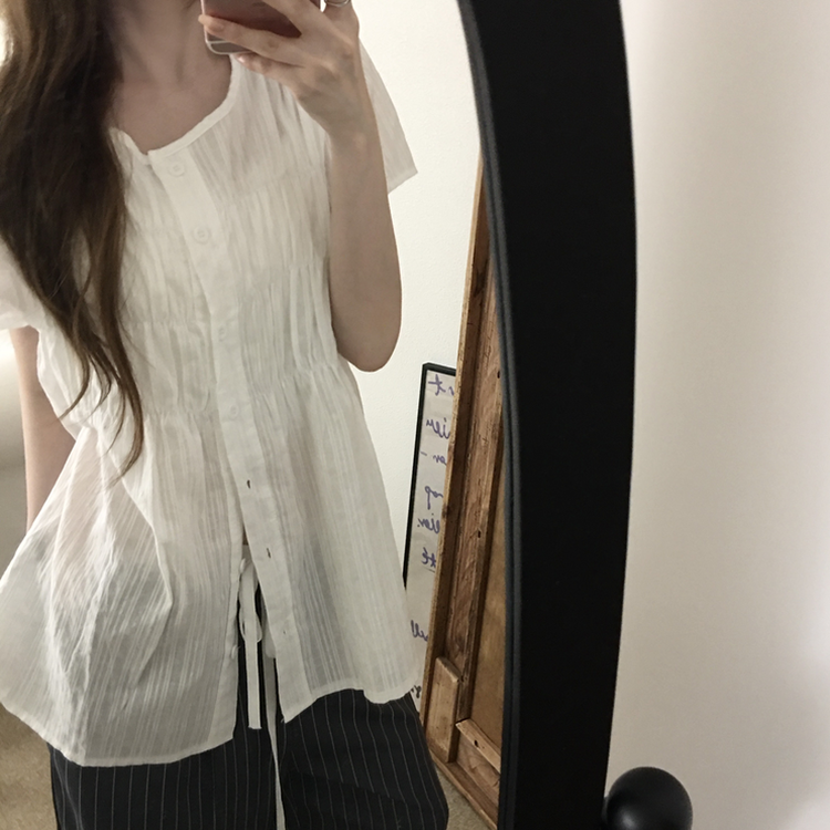 シャーリングシアーボタンブラウス WHITE