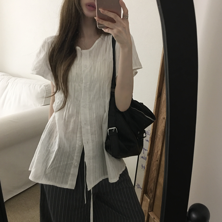 シャーリングシアーボタンブラウス WHITE
