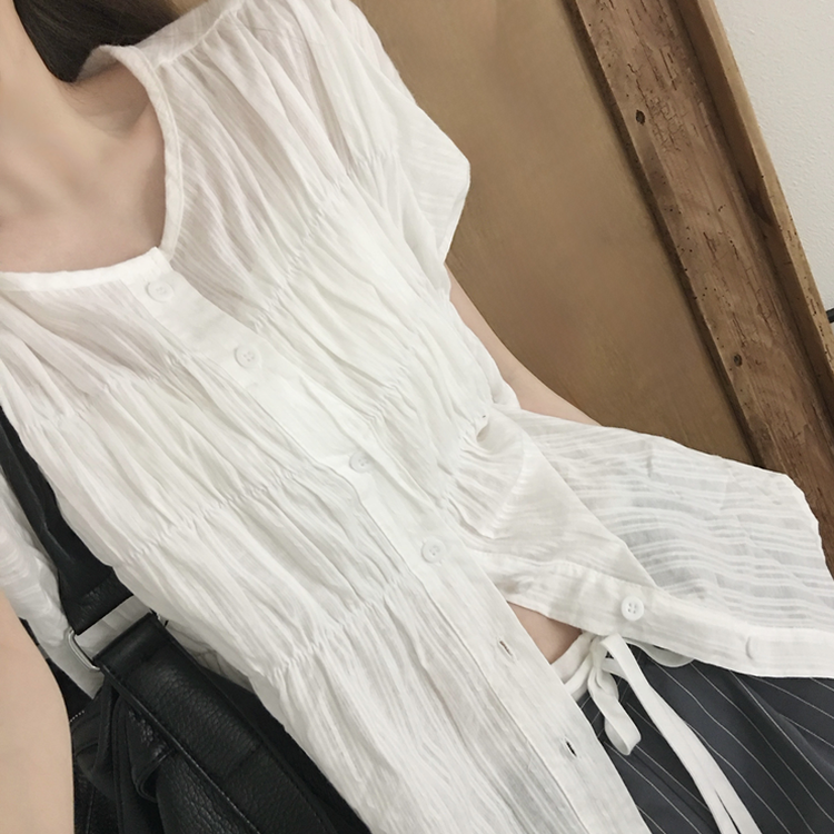 シャーリングシアーボタンブラウス WHITE