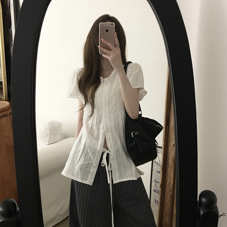 シャーリングシアーボタンブラウス WHITE