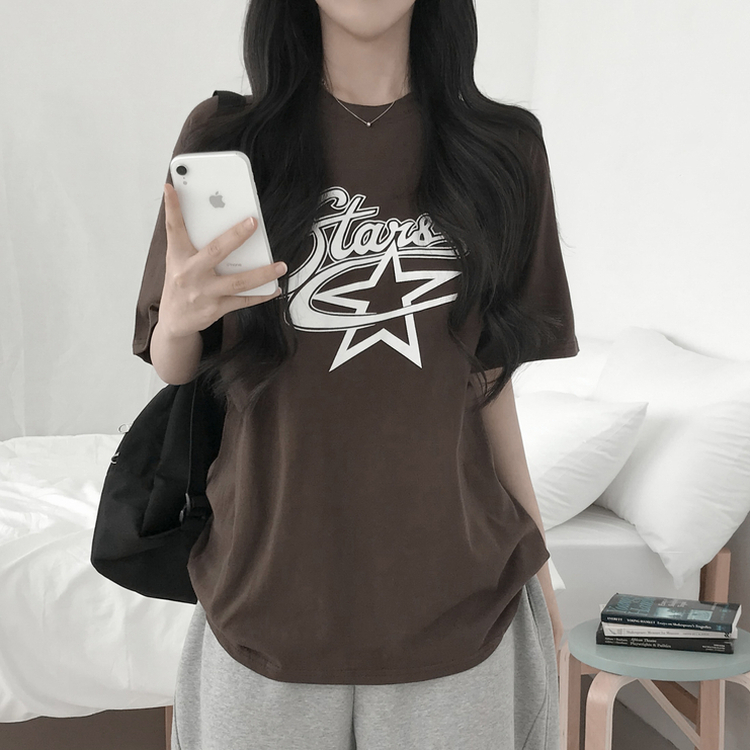 スターレタリングクルーネック半袖Tシャツ BROWN
