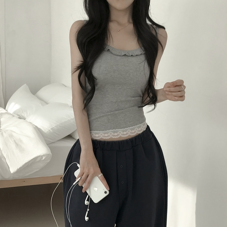フリルウェーブレースリブキャミソール(5color) GREY