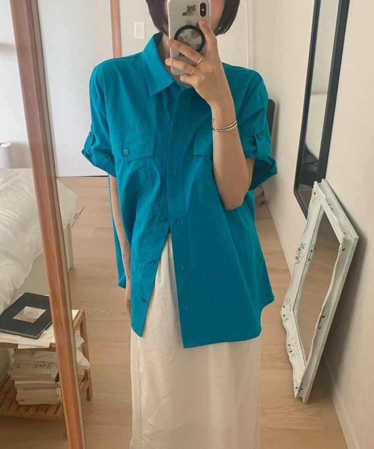 ロールアップコットンツーポケット半袖シャツ(5color) AQUA BLUE