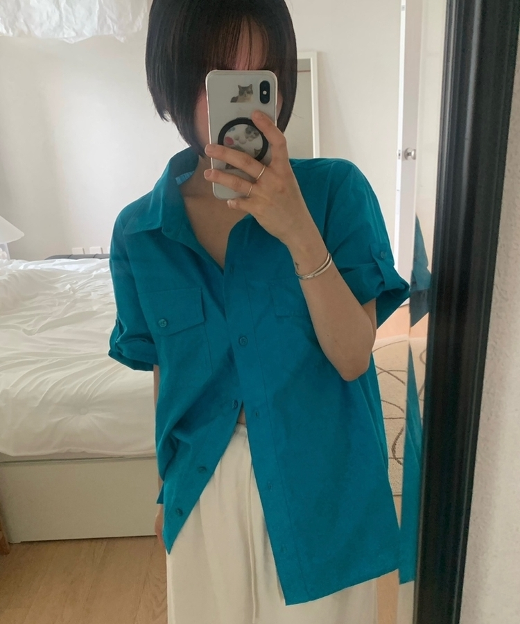 ロールアップコットンツーポケット半袖シャツ(5color) AQUA BLUE