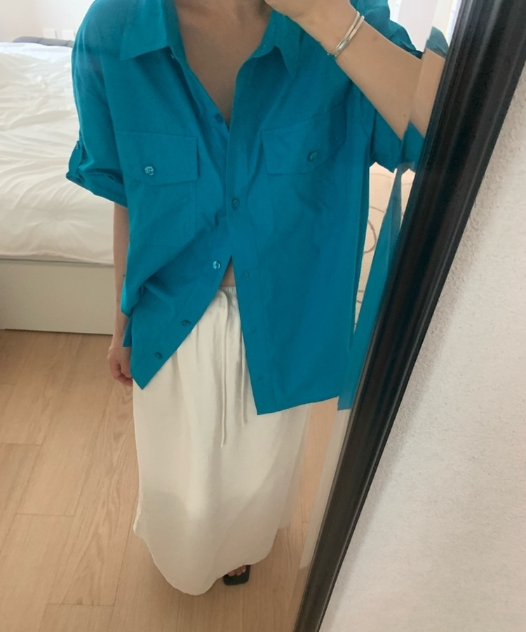 ロールアップコットンツーポケット半袖シャツ(5color) AQUA BLUE