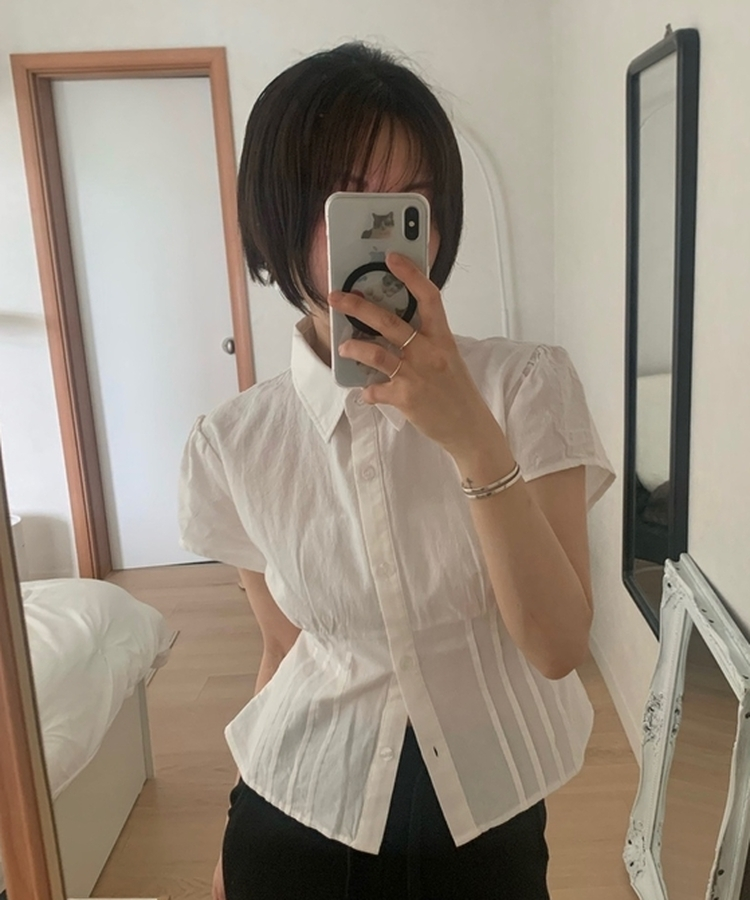 カラーネックピンタック半袖ブラウス(5color) IVORY