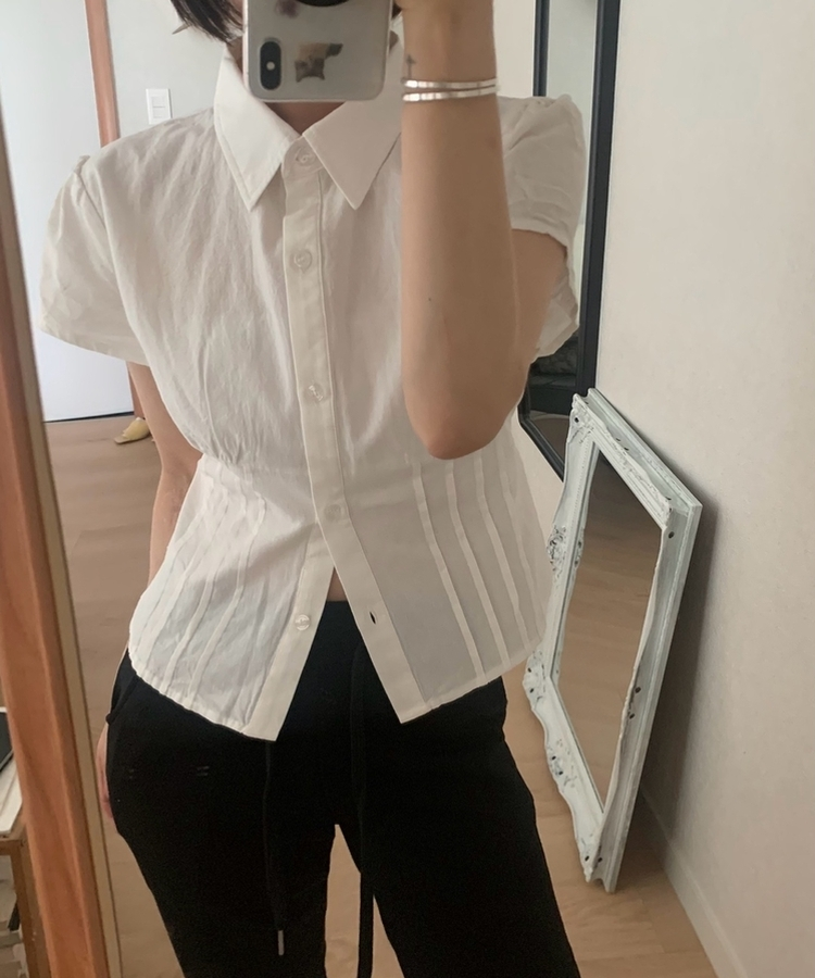 カラーネックピンタック半袖ブラウス(5color) IVORY