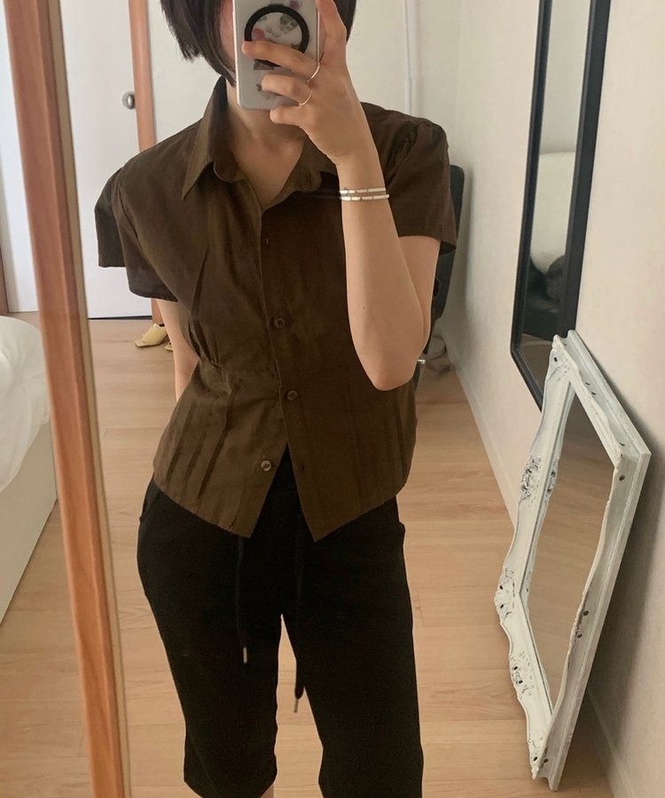 カラーネックピンタック半袖ブラウス(5color) BROWN