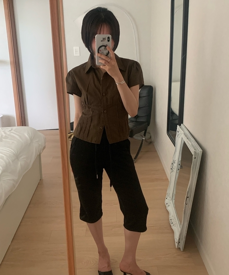 カラーネックピンタック半袖ブラウス(5color) BROWN