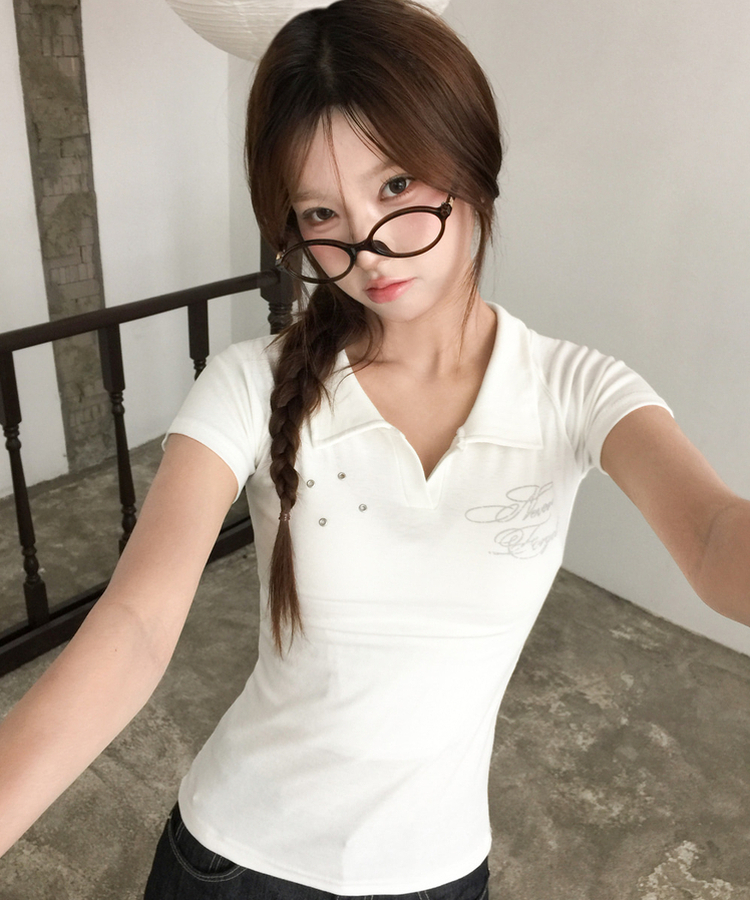 アイレットカラーレタリング半袖Tシャツ WHITE