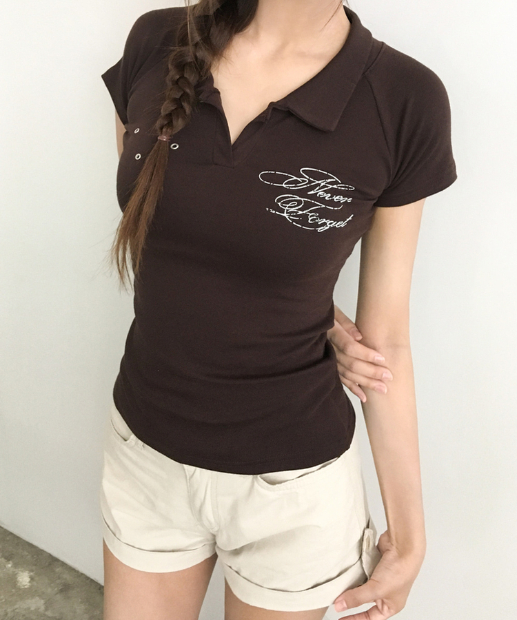 アイレットカラーレタリング半袖Tシャツ BROWN