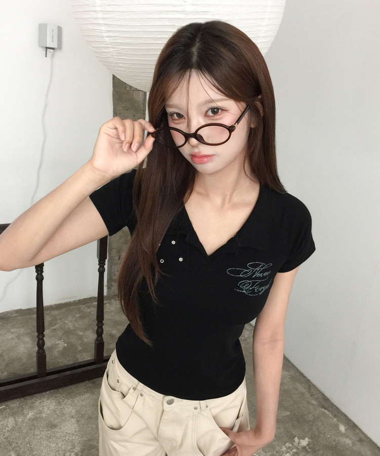 アイレットカラーレタリング半袖Tシャツ BLACK
