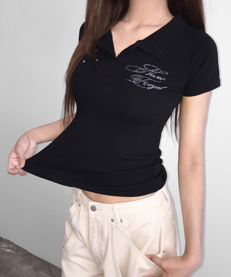 アイレットカラーレタリング半袖Tシャツ BLACK