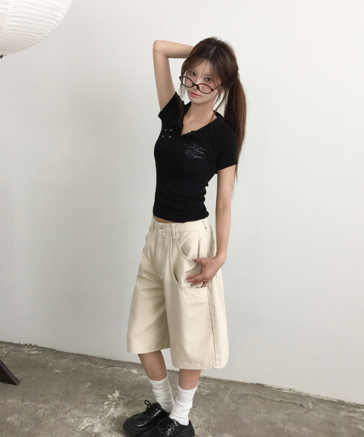 アイレットカラーレタリング半袖Tシャツ BLACK