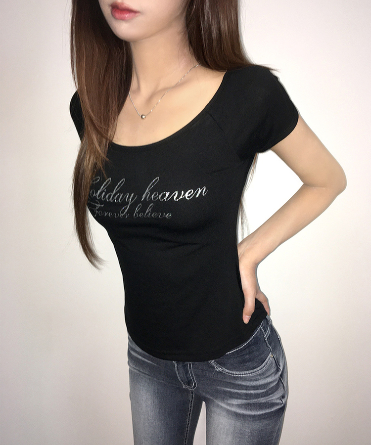 スリムシルバーレタリングUネック半袖Tシャツ BLACK