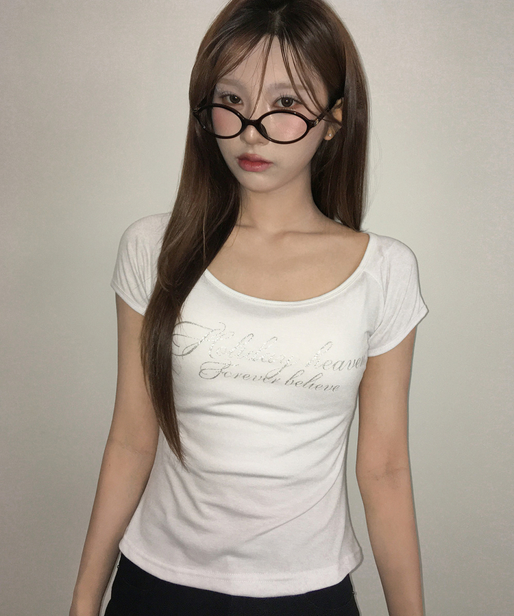 スリムシルバーレタリングUネック半袖Tシャツ IVORY