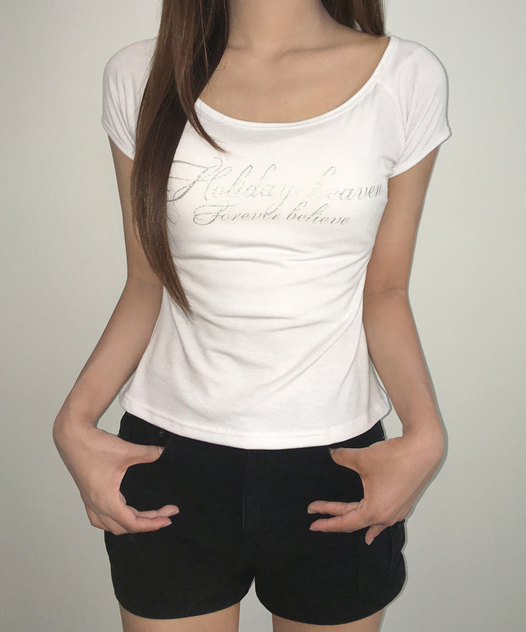スリムシルバーレタリングUネック半袖Tシャツ IVORY