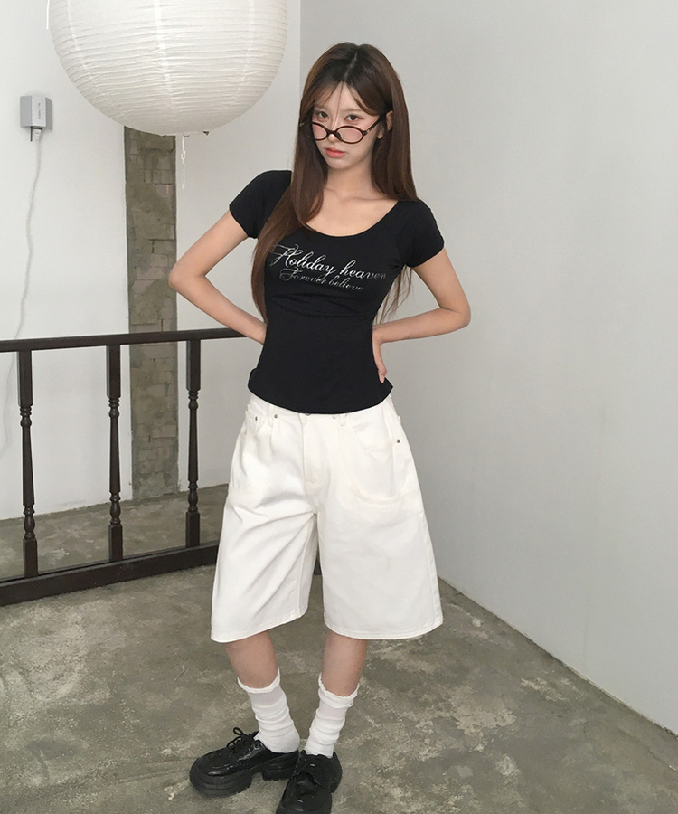 スリムシルバーレタリングUネック半袖Tシャツ CHARCOAL