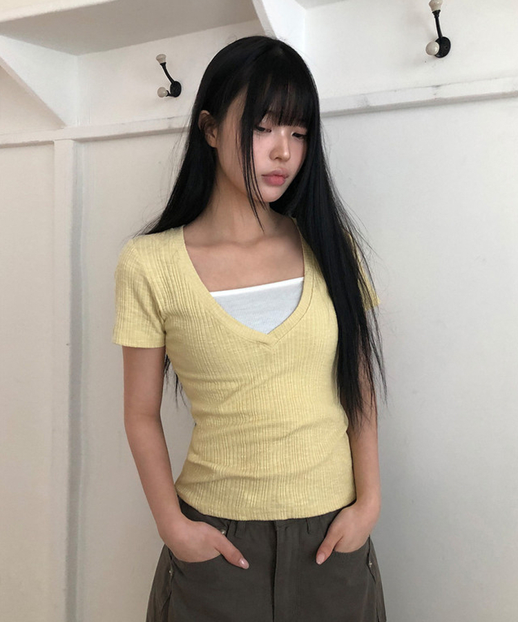 ディープVネック半袖Tシャツ(5color) YELLOW
