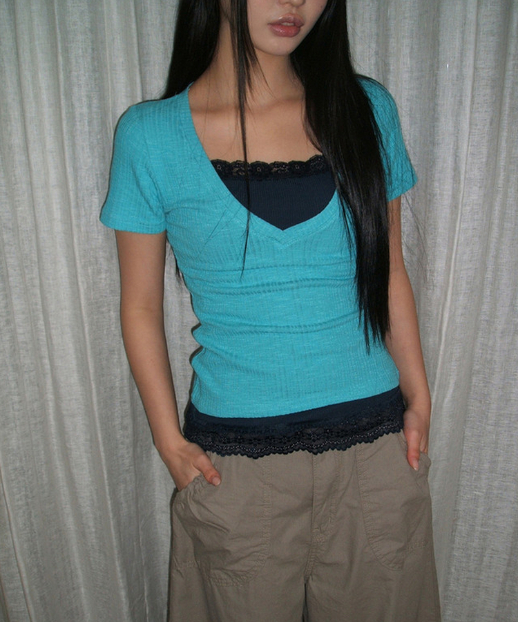 ディープVネック半袖Tシャツ(5color) AQUA BLUE