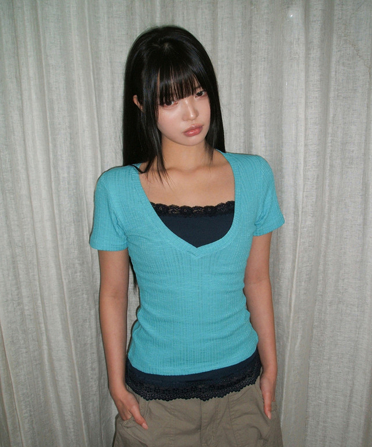 ディープVネック半袖Tシャツ(5color) AQUA BLUE