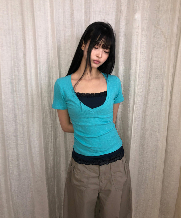 ディープVネック半袖Tシャツ(5color) AQUA BLUE