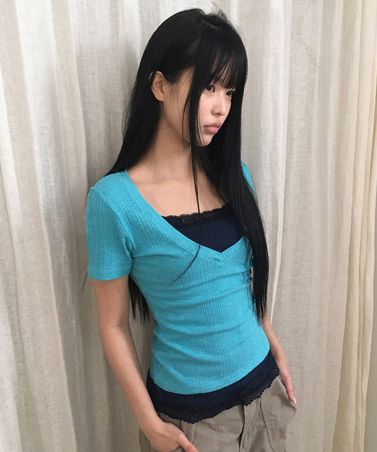 ディープVネック半袖Tシャツ(5color) AQUA BLUE