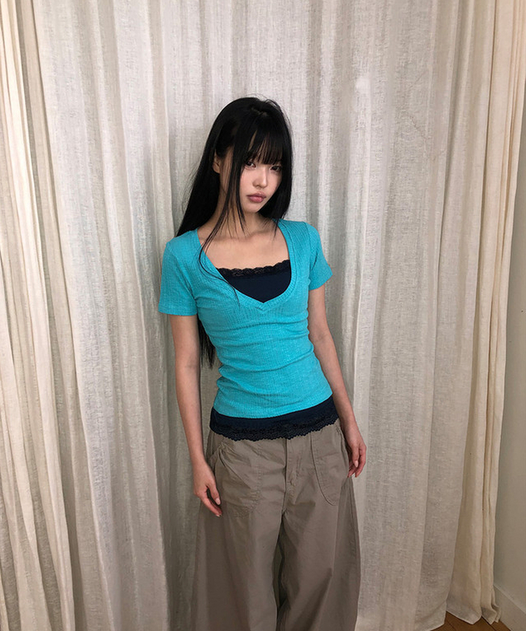 ディープVネック半袖Tシャツ(5color) AQUA BLUE