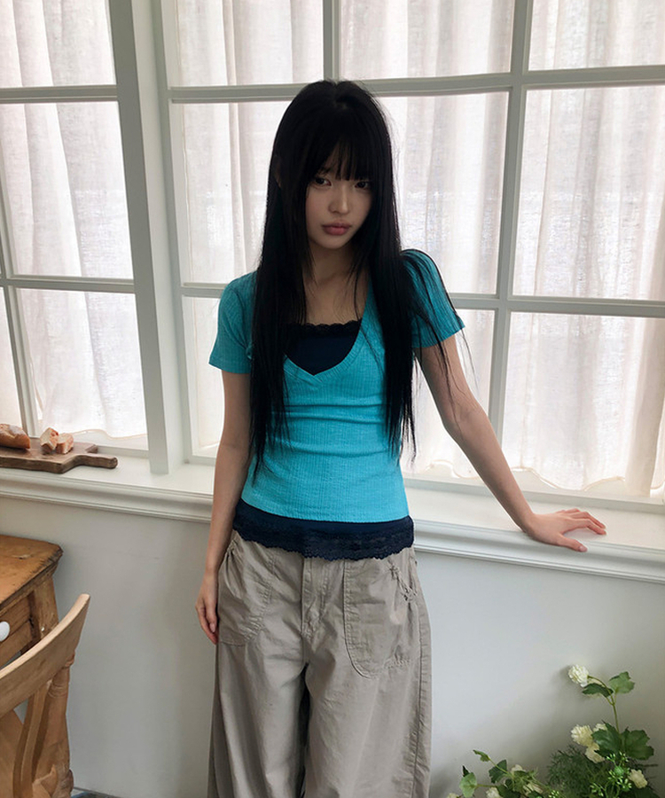 ディープVネック半袖Tシャツ(5color) AQUA BLUE