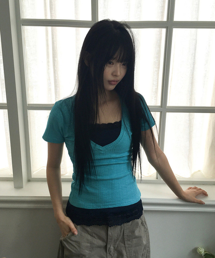 ディープVネック半袖Tシャツ(5color) AQUA BLUE