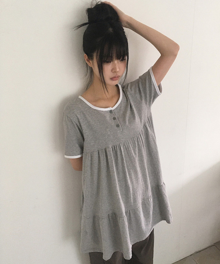 ヘンリーネックリンガー半袖ワンピース GREY