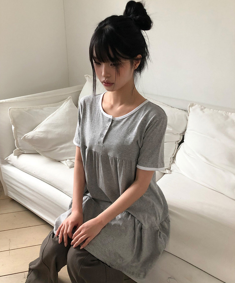 ヘンリーネックリンガー半袖ワンピース GREY