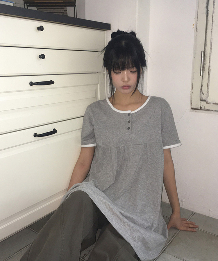 ヘンリーネックリンガー半袖ワンピース GREY