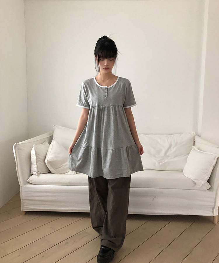 ヘンリーネックリンガー半袖ワンピース GREY