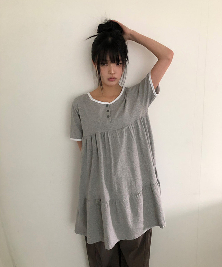 ヘンリーネックリンガー半袖ワンピース GREY