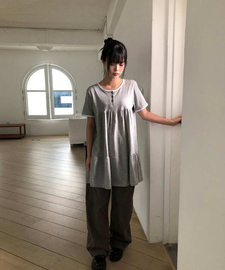 ヘンリーネックリンガー半袖ワンピース GREY
