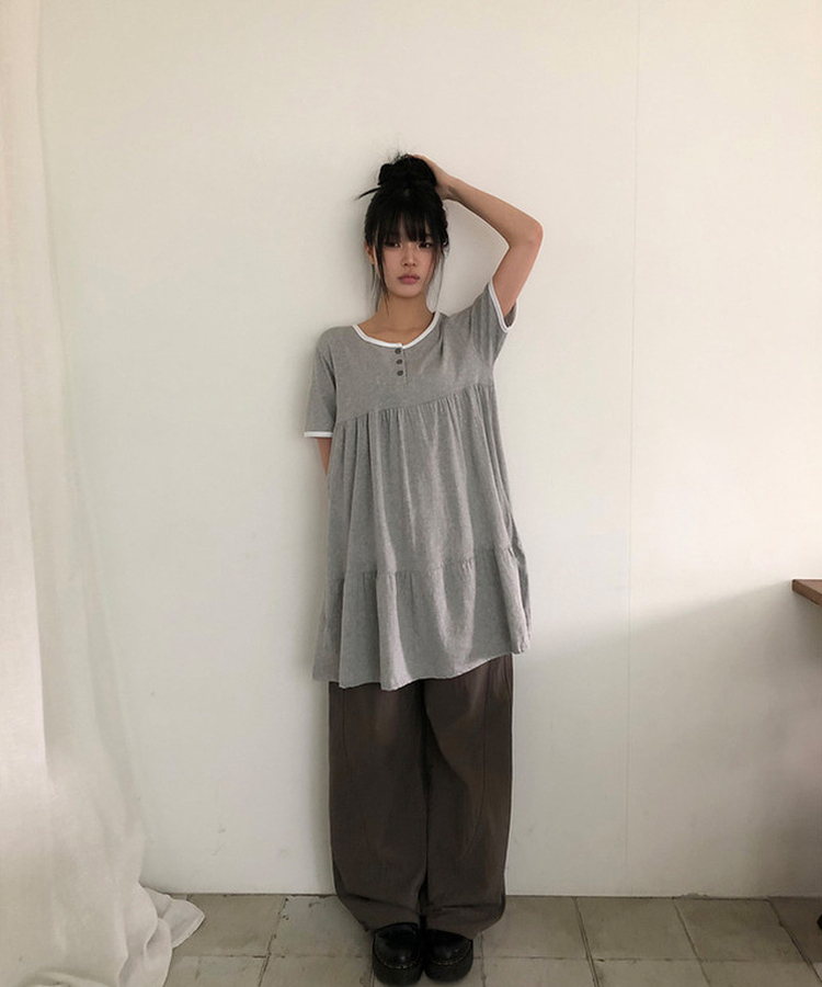 ヘンリーネックリンガー半袖ワンピース GREY