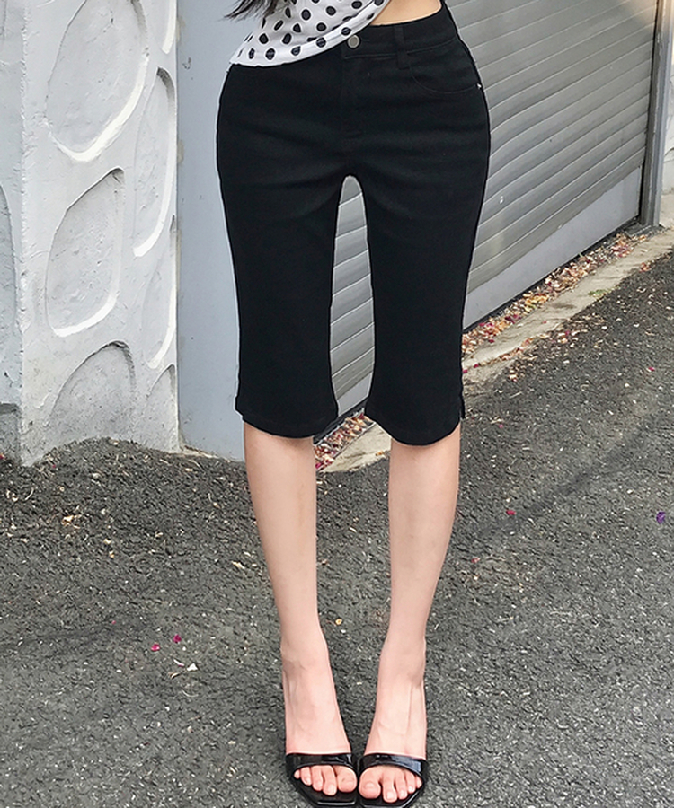 【丈別】スリットストレッチコットンカプリパンツ BLACK