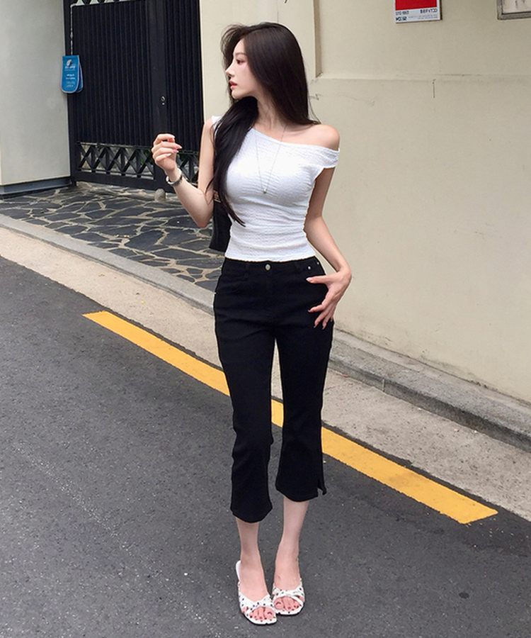 【丈別】スリットストレッチコットンカプリパンツ BLACK