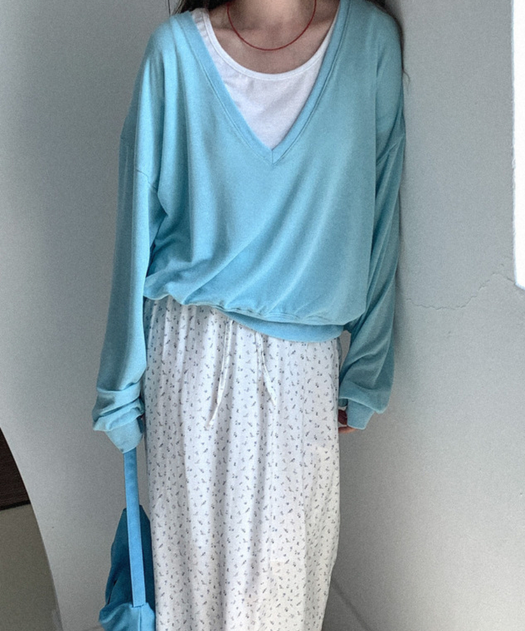 シアーVネックトレーナートップス BLUE